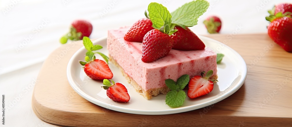 Poster a piece of raw vegan strawberry cashew cake on a napkin placed on a white wooden surface is shown fr