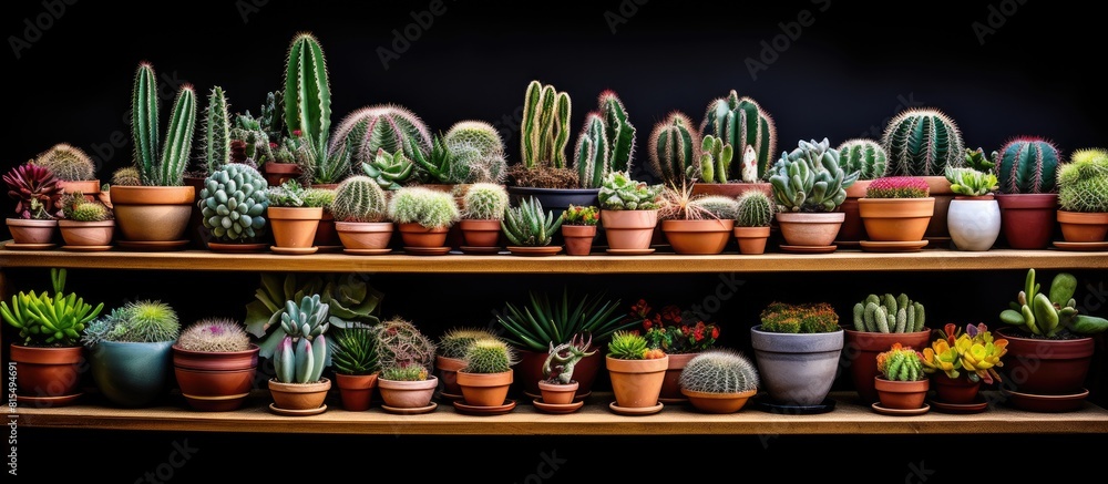 Poster table showcasing a variety of stunning cacti in pots offering a captivating copy space image