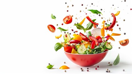 a salad bowl with flying vegetables on a white background. png