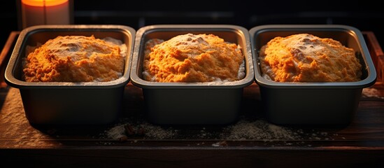 There are three baking dishes that are filled with pumpkin muffin batter leaving ample copy space for other elements