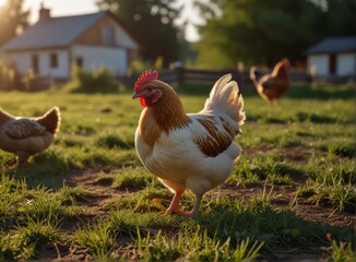 Fototapeta premium a village with chickens, a chicken on the background of a village in close-up, a chicken sitting on the green grass