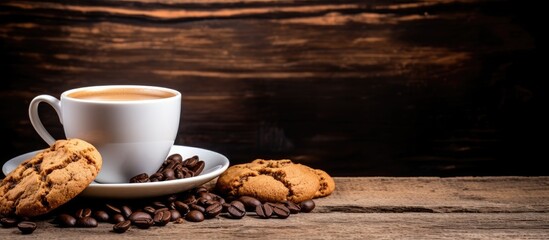 A mouthwatering cookie is placed alongside a cup of coffee on a rustic wooden background creating an inviting copy space image