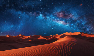 A serene desert under a star-filled sky with visible Milky Way and cool tones. Generate AI
