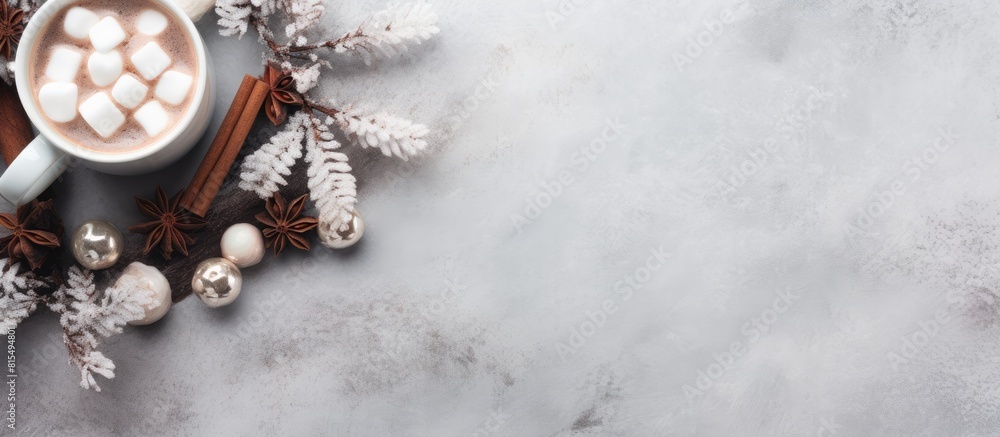 Poster a cozy winter themed cup filled with hot cocoa or chocolate adorned with marshmallows and cinnamon p