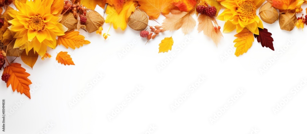 Poster a greeting card with a floral design for autumn featuring a border of yellow leaves on a white surfa