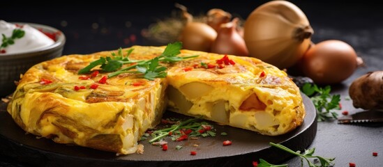 Traditional Spanish potato omelette a delicious dish made with eggs potatoes and onions featured in a copy space image