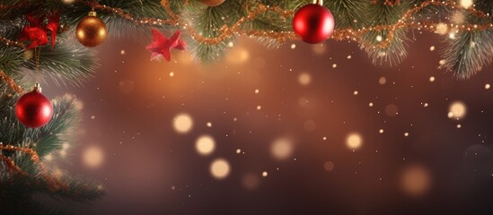 A festive Christmas background showcasing intertwined fir branches and decorations on a captivating bokeh background Ideal for creative copy space images 172 characters