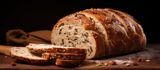 Homemade artisan bread with five seeds displayed in a copy space image