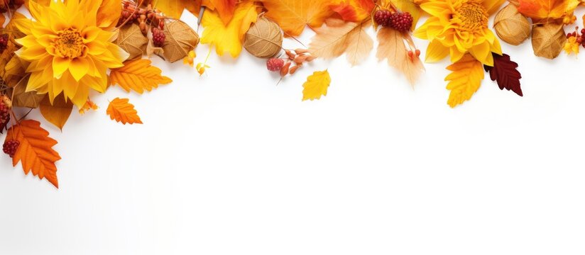 A greeting card with a floral design for autumn featuring a border of yellow leaves on a white surface It captures the seasonal concept of Thanksgiving day and there is ample copy space on the image
