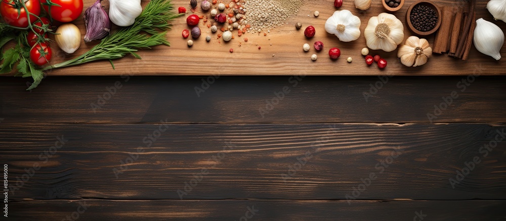 Poster top view of a kitchen wooden board with ingredients representing the cooking concept and offering a 