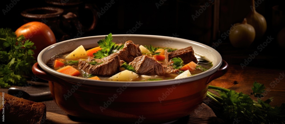 Poster A white bowl of beef soup with chunks of meat potatoes and carrots ready for enjoying or photographing with copy space