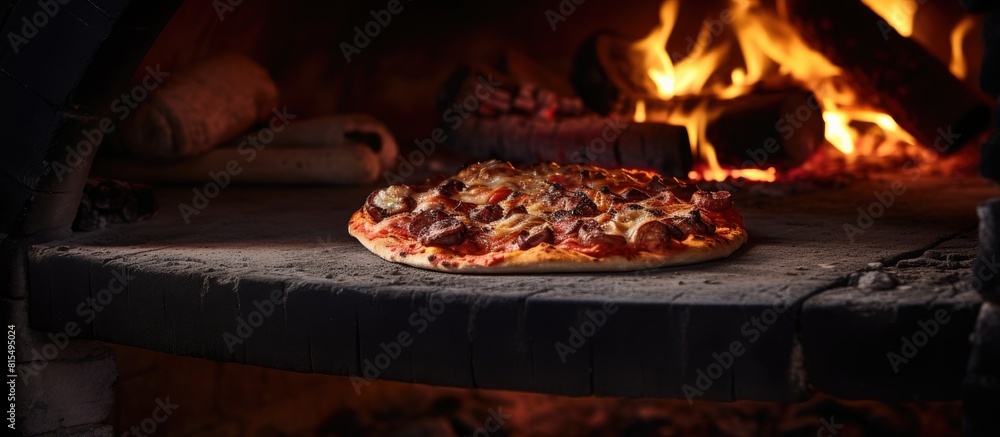 Poster a copy space image of a pizza being cooked in a traditional and rustic wood fired oven