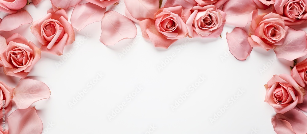 Leinwandbilder A top view of a rose flower frame on a white background designed for flat lay with empty space for adding content. Creative banner. Copyspace image