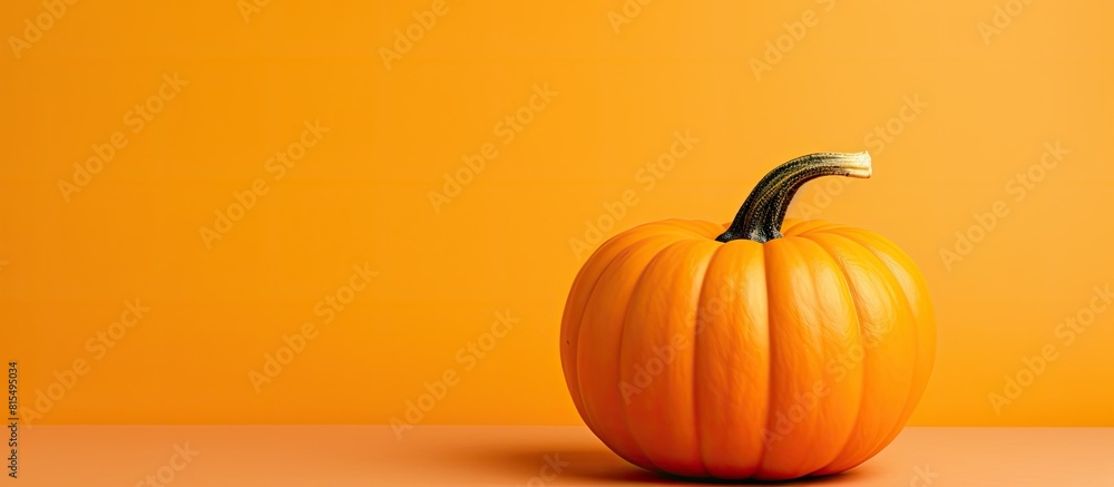Poster yellow background with copy space image featuring a fresh whole orange pumpkin providing ample room 