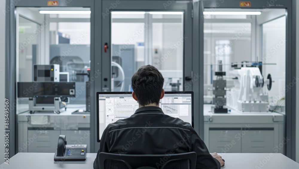 Wall mural A male engineer is sitting at his desk in front of two monitors. On one monitor, an advanced industrial part design software.