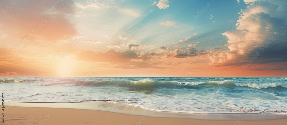 Poster the sandy beach under a beautiful sunset sky provides a perfect setting with ample copy space for yo