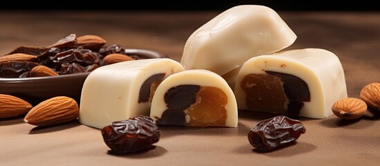 A delicious copy space image of homemade marzipan featuring a delightful blend of almonds raisins and chocolate