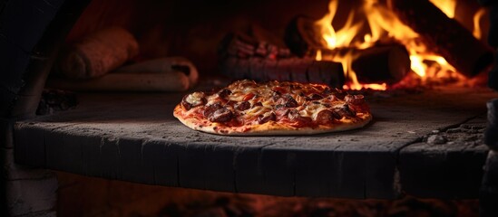 A copy space image of a pizza being cooked in a traditional and rustic wood fired oven