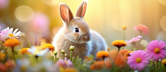 A cute bunny peacefully sits among a vibrant array of flowers creating a picturesque scene with plenty of copy space in the image