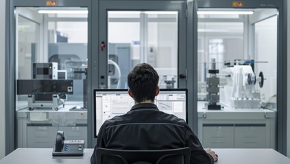 A male engineer is sitting at his desk in front of two monitors. On one monitor, an advanced industrial part design software.
