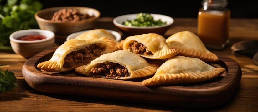 A copy space image of crispy fried empanadas with ground beef stuffing on a wooden tray set on a natural wooden table showcasing South American cuisine