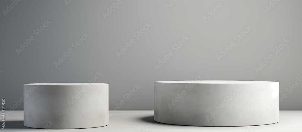 Poster A side view of white table with gray concrete circle shaped pedestals offering copy space for a stunning image It serves as a stone platform and an abstract geometric pedestal with a design perfect f