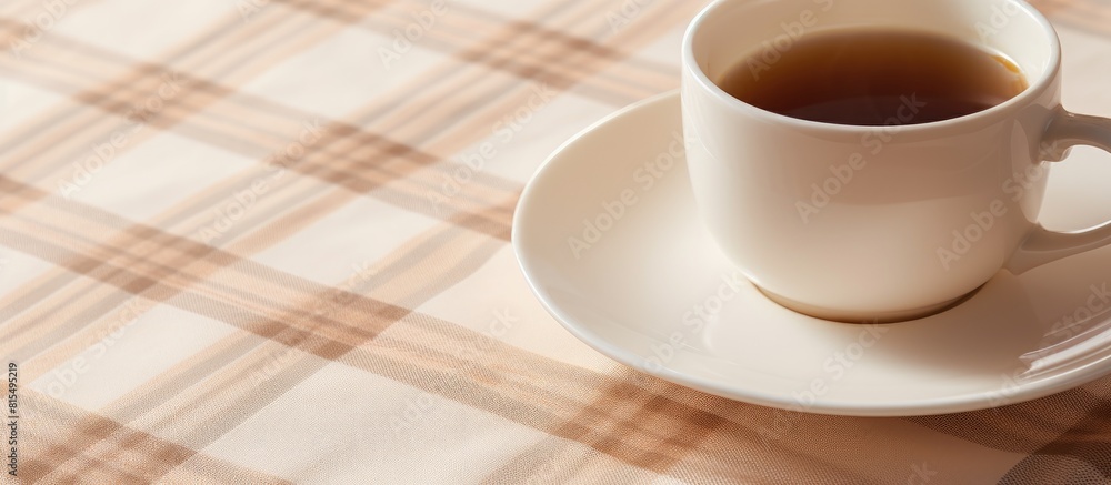 Aufkleber Copy space image of a white coffee cup resting on a plaid tablecloth with subtle cream brown and beige tones creating a shallow depth of field effect