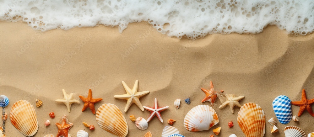 Fototapete striped flip flops adorned with seashells and starfishes on a sandy background in a copy space image
