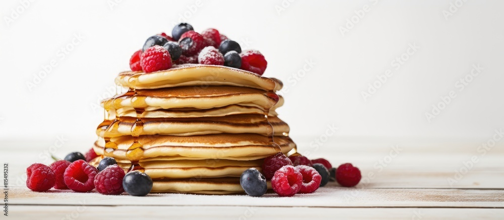 Poster Top view of a stack of pancakes displayed on a white wooden table creating a visually appealing copy space image