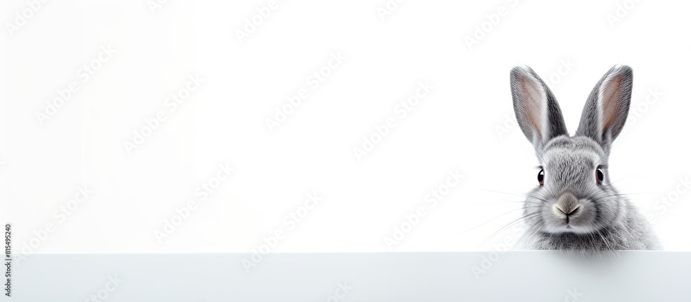 Poster A grey rabbit is seen against a white backdrop in this copy space image
