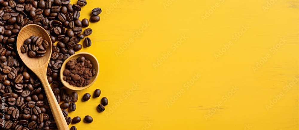 Poster a copy space image featuring a wooden board adorned with a spoon of body scrub and coffee beans plac