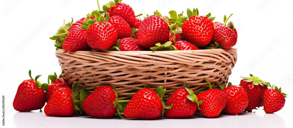 Poster Strawberries arranged in a wicker basket on a white background creating copy space for an image