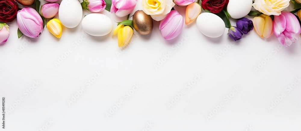 Poster a beautiful easter themed frame consisting of colorful easter eggs and white roses on a white backgr