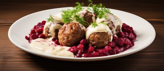 Swedish cuisine offers a tempting dish of meatballs adorned with a creamy sauce and accompanied by tangy cranberry jam This top view horizontal copy space image captures the delightful presentation