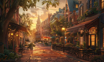 Charming old European street bathed in golden sunset light with cozy cafes and blooming flowers. Generate AI
