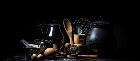 A copy space image featuring wooden cooking tools placed on a black background creating a toned effect