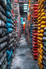 Obraz premium Stacks of construction materials for sale in a hardware store warehouse.