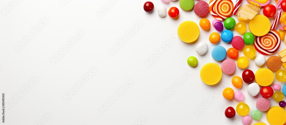 Poster Colorful candies arranged in a frame placed on a light background providing ample copy space for an image
