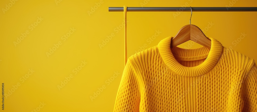 Poster a closeup of a yellow sweater hanging on a hanger with copy space image