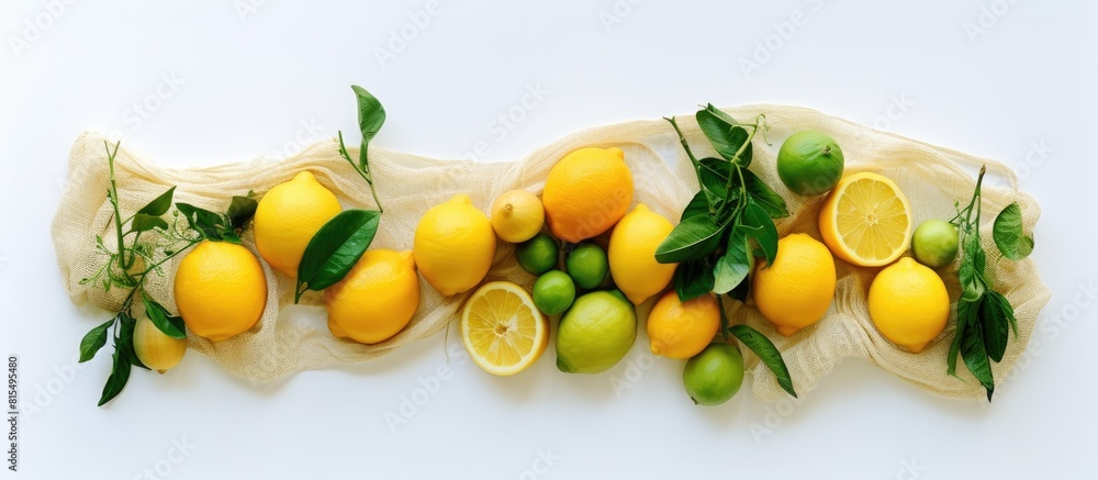 Poster Flat lay copy space image showcasing the zero waste concept with a variety of eco friendly bags including string mesh and grocery bags A lemon sits on a white background adding a fresh touch Top view