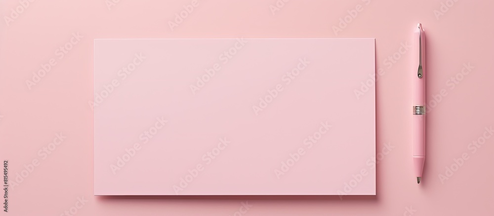 Poster A top view mockup featuring a pink envelope with blank paper and pen perfect for a greeting card or invitation with copy space for customization