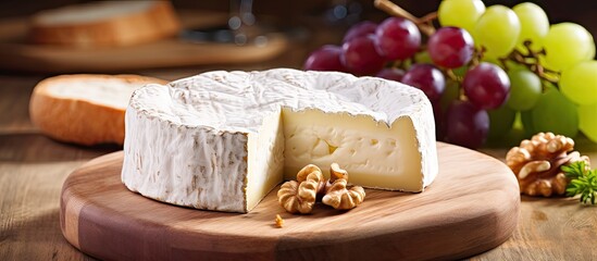 A mouthwatering copy space image featuring Camembert cheese garnished with crunchy walnuts and juicy grapes