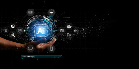 Chat with AI or Artificial Intelligence. Young businessman chatting with a smart AI or artificial...