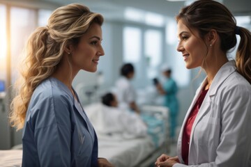 Fototapeta premium Doctor and female patient talking and health consultation in hospital