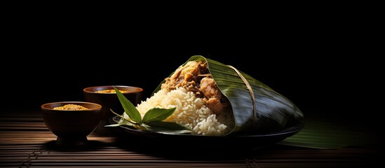 Close up copy space image showcasing a traditional Chinese dish called zongzi a rice dumpling on a wooden table against a black background symbolizing the Dragon Boat Festival
