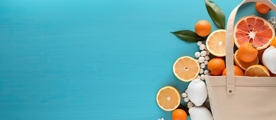 A summer themed flat lay featuring a beach bag white flip flops seashells and orange fruit arranged on a blue background The top view provides ample copy space for customization