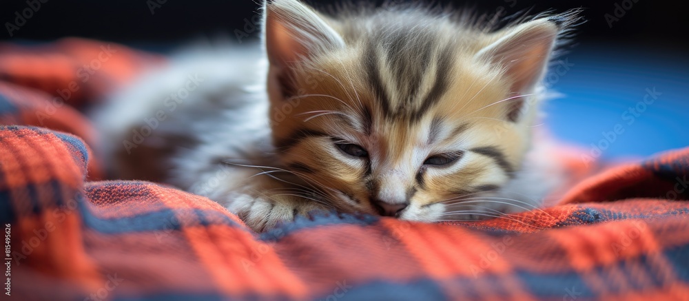 Poster a cute and adorable kitten is seen relaxing on a checkered blanket in this copy space image
