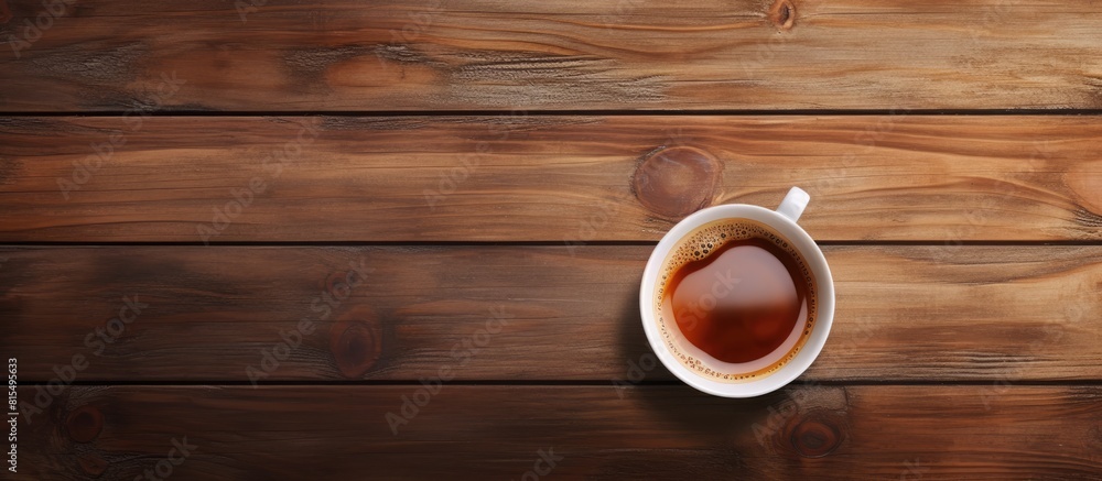 Poster top view of a cup of coffee resting on a wooden table with ample space in the image for copying and 