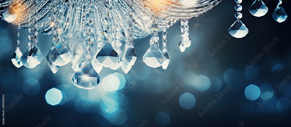 Poster close up of a glamorous crystal chandelier creating a captivating background with ample copy space