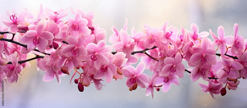 Aufkleber A stunning pink Rhynchostylis gigantea orchid with a backdrop of a tree creating an image with copy space